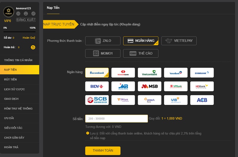 Nạp tiền trước khi chơi